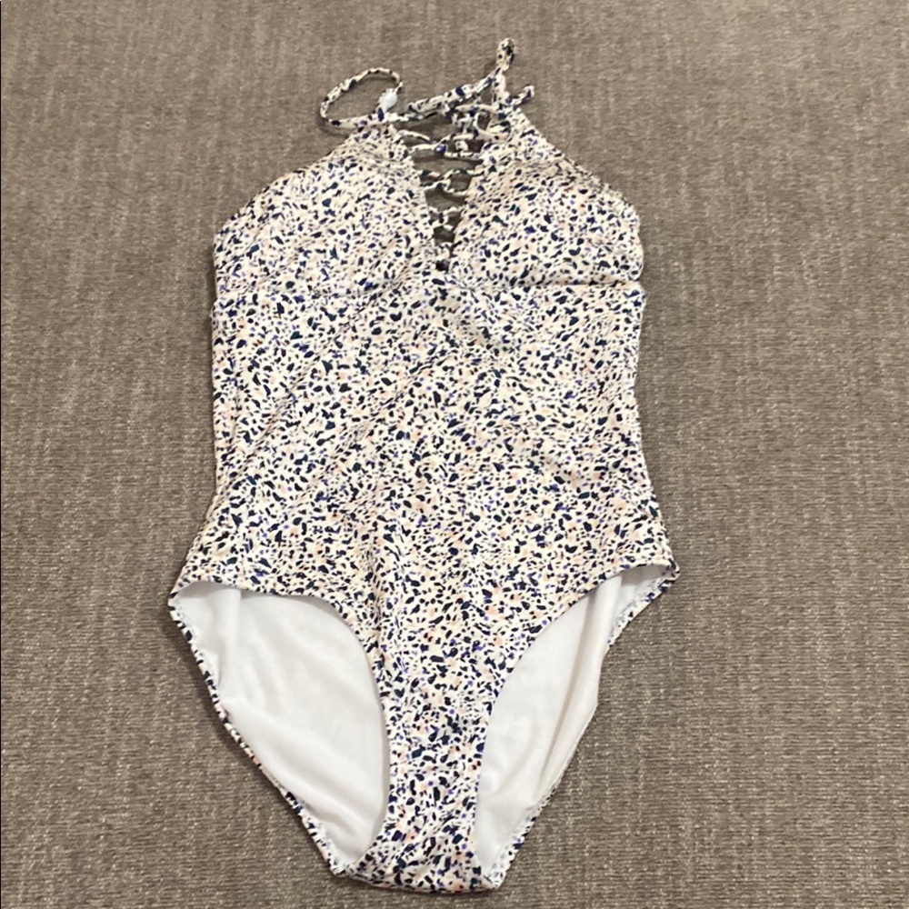 Athleta White, Blue, Pink, and Purple Confetti One Piece Halter Swimsuit